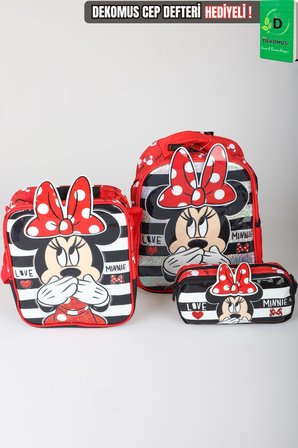 x Dekomus Lisanslı Minnie Mouse Tek Bölmeli Küçük Boy Anaokul Çantası,Beslenme Çantası ve Kalem Çantası Seti