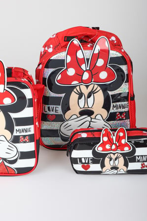 x Dekomus Lisanslı Minnie Mouse Tek Bölmeli Küçük Boy Anaokul Çantası,Beslenme Çantası ve Kalem Çantası Seti
