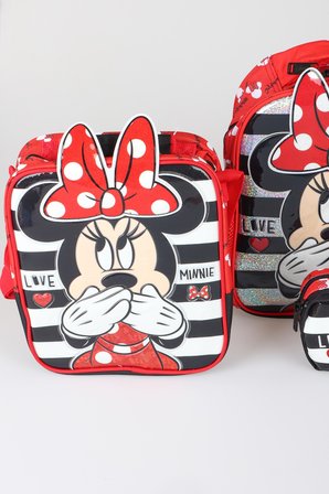 x Dekomus Lisanslı Minnie Mouse Tek Bölmeli Küçük Boy Anaokul Çantası,Beslenme Çantası ve Kalem Çantası Seti