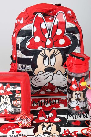 x Dekomus Lisanslı Minnie Mouse Kırtasiye Seti Tek Bölmeli Küçük Boy Anaokul Çantası,Matara,Beslenme Kabı,Çıtçıt Dosya Seti