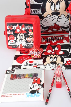 x Dekomus Lisanslı Minnie Mouse Kırtasiye Seti Tek Bölmeli Küçük Boy Anaokul Çantası,Matara,Beslenme Kabı,Çıtçıt Dosya Seti