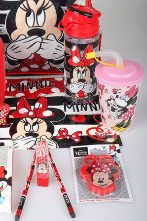 x Dekomus Lisanslı Minnie Mouse Kırtasiye Seti Tek Bölmeli Küçük Boy Anaokul Çantası,Matara,Beslenme Kabı,Çıtçıt Dosya Seti