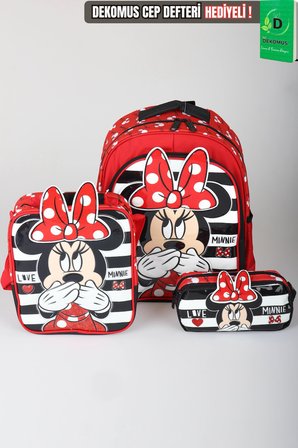 x Dekomus Lisanslı Minnie Mouse Büyük Boy Okul Çantası,Beslenme Çantası ve Kalem Çantası Seti