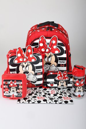 x Dekomus Lisanslı Minnie Mouse Büyük Boy Okul,Beslenme ve Kalem Çantası,Beslenme Kabı,Matara,Çıtçıt Dosya Seti