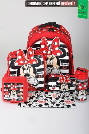 x Dekomus Lisanslı Minnie Mouse Büyük Boy Okul,Beslenme ve Kalem Çantası,Beslenme Kabı,Matara,Çıtçıt Dosya Seti