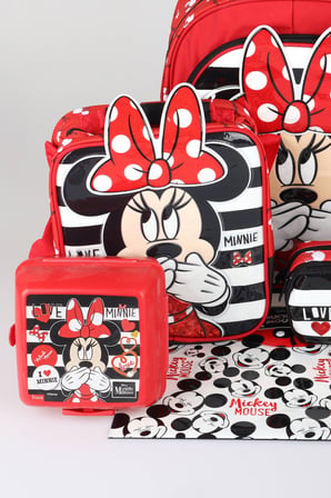 x Dekomus Lisanslı Minnie Mouse Büyük Boy Okul,Beslenme ve Kalem Çantası,Beslenme Kabı,Matara,Çıtçıt Dosya Seti