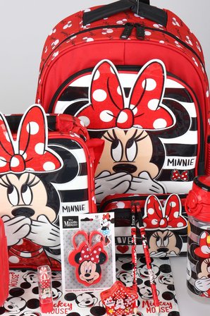 x Dekomus Lisanslı Minnie Mouse Full Kırtasiye Seti Büyük Boy Okul,Beslenme ve Kalem Çantası,Beslenme Kabı,Matara,Çıtçıt Dosya Seti