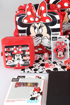 x Dekomus Lisanslı Minnie Mouse Full Kırtasiye Seti Büyük Boy Okul,Beslenme ve Kalem Çantası,Beslenme Kabı,Matara,Çıtçıt Dosya Seti