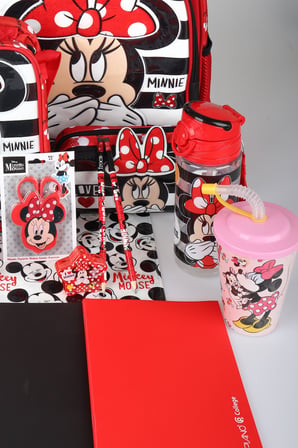 x Dekomus Lisanslı Minnie Mouse Full Kırtasiye Seti Büyük Boy Okul,Beslenme ve Kalem Çantası,Beslenme Kabı,Matara,Çıtçıt Dosya Seti
