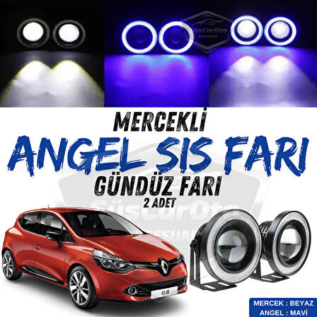 Renault Clio 4 2012-2020 Uyumlu Üniversal Mercekli Angel Sis Farı Metal Su Geçirmez 76 mm Mavi Halkalı Gündüz Farı Angel Eyes 2 Adet