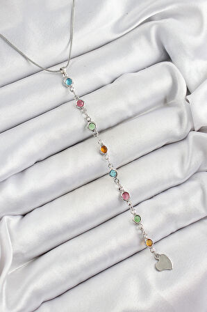 Pirinç Gümüş Renk Karışık Renk Zirkon Taşlı Y Kadın Kolye