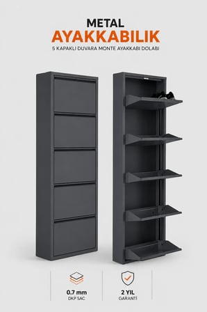 Metal Ayakkabılık Dolabı 5 Kapaklı Duvara Monte Ergonomik Tasarım 169x50x15 cm 0.7 mm DKP Sac Ve Montaj Vidaları