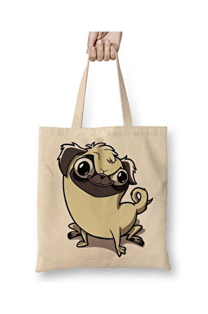 Pug Köpek Dog Pet Sevimli Cute Beyaz Bez Çanta Uzun Saplı Alışveriş Çantası Plaj Çantası