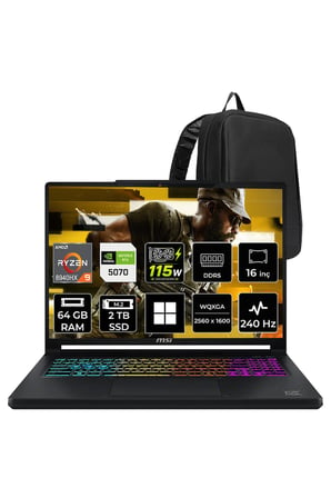 Crosshair A16 HX Ryzen 9 8940HX RTX 5070 8GB 115W 64GB RAM 2TB SSD 16″ QHD+ (2560 x 1600) 240Hz Win11 Pro E8WGK011XTRP460 Gaming Laptop + PER4 Çanta
