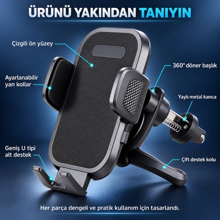 Dexxony HP-A08 Kancalı Havalandırma Izgara Araç İçi Telefon Tutucu 360° Döner Otomatik Sıkıştırmalı