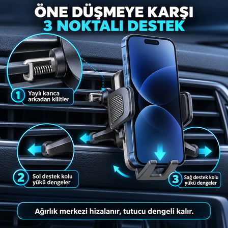 Dexxony HP-A08 Kancalı Havalandırma Izgara Araç İçi Telefon Tutucu 360° Döner Otomatik Sıkıştırmalı