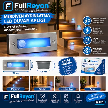 1 Adet 3 Watt Hareket Sensörlü, Mavi Işık Elektrikle Çalışır Led Merdiven, Antre, Hol Armatürü