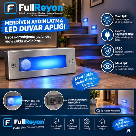 1 Adet 3 Watt Hareket Sensörlü, Mavi Işık Elektrikle Çalışır Led Merdiven, Antre, Hol Armatürü