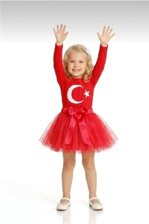 Kız Çocuk 23 Nisan 29 Ekim Gösteri Kıyafeti Kırmızı UzunKol Ayyıldız T-shirt KırmızıTütü Etek Takım