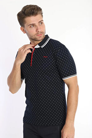 Erkek Lacivert Beyaz Amerikan Pike Kumaş Puantiyeli Polo Yaka Kısa Kol T-shirt - 13