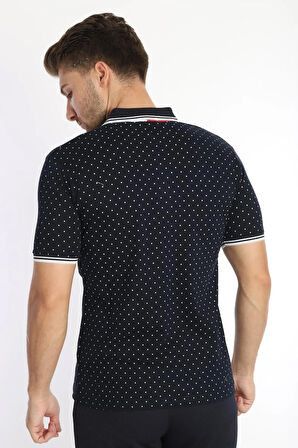 Erkek Lacivert Beyaz Amerikan Pike Kumaş Puantiyeli Polo Yaka Kısa Kol T-shirt - 13