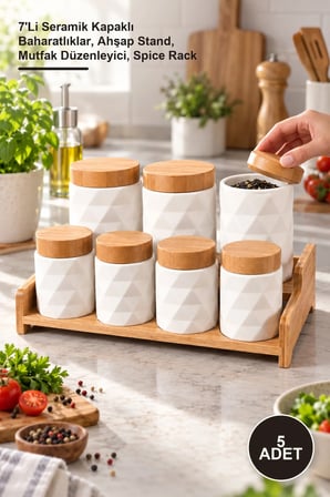 5 Adet Standlı Baharat Seti – 7'Li Seramik Kapaklı Baharatlıklar, Ahşap Stand, Mutfak Düzenleyici, Spice Rack