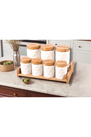 5 Adet Standlı Baharat Seti – 7'Li Seramik Kapaklı Baharatlıklar, Ahşap Stand, Mutfak Düzenleyici, Spice Rack