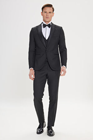 Erkek Siyah Slim Fit Dar Kesim Kırlangıç Yaka Desenli Yelekli Smokin Takım