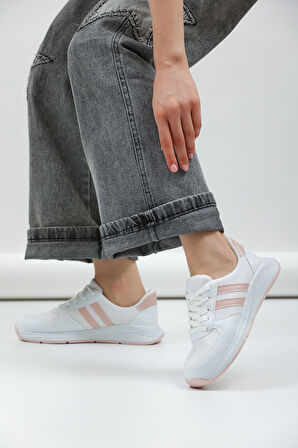 Kadın - Erkek - Unisex Bağcıklı Anatomik Taban Günlük Spor Ayakkabı Sneaker Beyaz Pudra