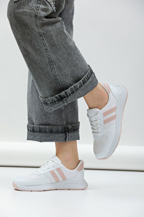 Kadın - Erkek - Unisex Bağcıklı Anatomik Taban Günlük Spor Ayakkabı Sneaker Beyaz Pudra