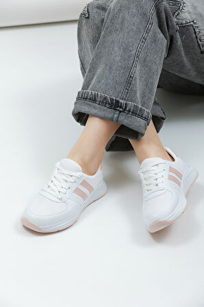 Kadın - Erkek - Unisex Bağcıklı Anatomik Taban Günlük Spor Ayakkabı Sneaker Beyaz Pudra