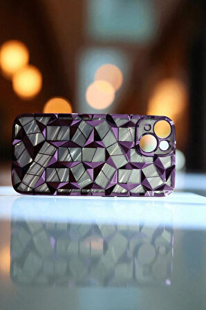 İphone 13 / 14 / 15 Uyumlu Geometrik Elmas Desenli Mor Telefon Kılıf