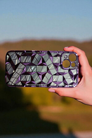 İphone 13 / 14 / 15 Uyumlu Geometrik Elmas Desenli Mor Telefon Kılıf