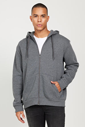 Erkek Antrasit-melanj Standart Fit Normal Kesim Kapüşonlu Fermuarlı Sweatshirt Ceket