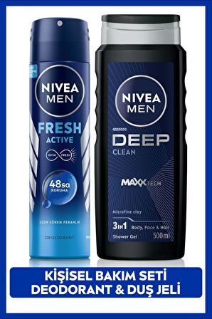 Nivea MEN Erkek Deep Dimension Duş Jeli 500ml ve Sprey Deodorant Fresh Active150ml, Damat Bohça Çeyiz Seti