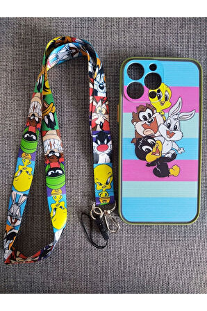 İPhone 13 Pro Uyumlu Looney Tunes Tasarım Tuşları Renkli Telefon Boyun Askılı Set Kılıf