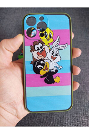 İPhone 13 Pro Uyumlu Looney Tunes Tasarım Tuşları Renkli Telefon Boyun Askılı Set Kılıf