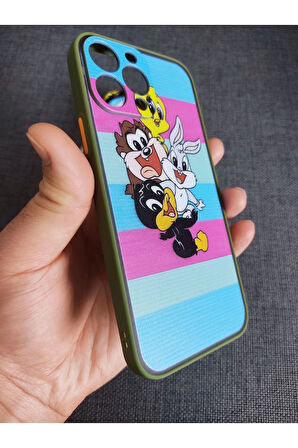 İPhone 13 Pro Uyumlu Looney Tunes Tasarım Tuşları Renkli Telefon Boyun Askılı Set Kılıf