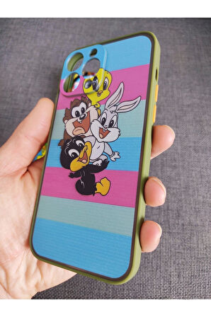 İPhone 13 Pro Uyumlu Looney Tunes Tasarım Tuşları Renkli Telefon Boyun Askılı Set Kılıf