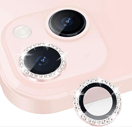 iPhone 13  / 13 mini için Kamera Koruyucu Taşlı ve Metal Lens Koruyucu Pembe