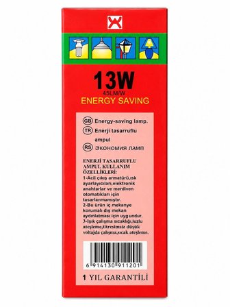 10 Adet | 13 Watt | Tasarruflu Ampül | Sarı Işık | E14 Duy'lu