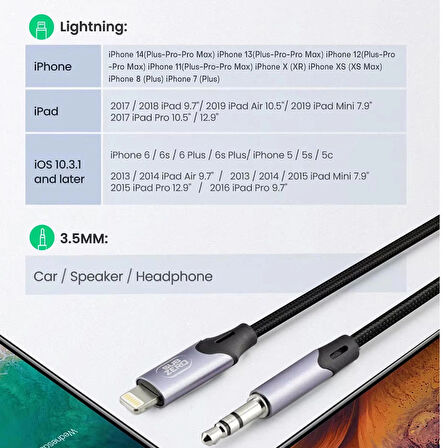 iPhone 14-PLUS-PRO-PRO MAX Uyumlu Metal Başlık AUX Ses Dönüştürücüsü Hasır Lightning Çevirici