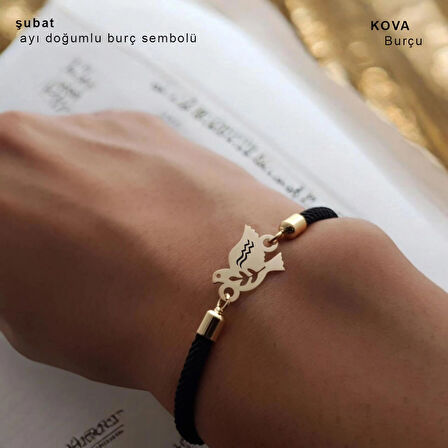 Huzurlu ve Duygusal Siyah Örgülü 14 Ayar Altın Plakalı ve Kuş Motifli Şubat Bilekliği