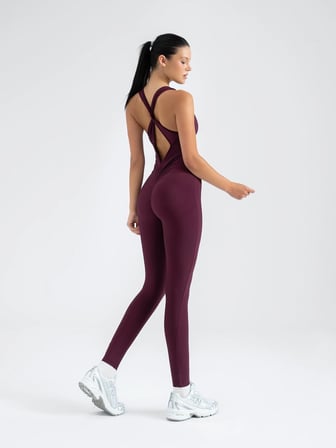 Mürdüm Rengi Kelebek Askılı Arkası Büzgülü ( Scrunch Butt ) Spor Tayt Tulum