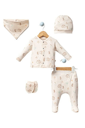 5'Lİ KİRPİ DESENLİ HASTANE ÇIKIŞI UNISEX BEBEK TAKIM 100 % DOĞAL PAMUK
