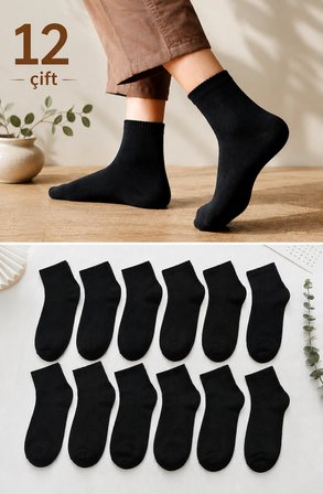 12 Çift Siyah Yarım Konç Unisex Çorap | Pamuklu, Nefes Alan, Terletmeyen