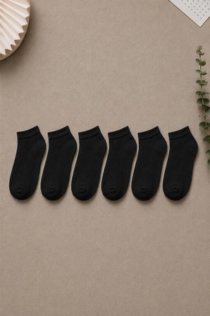 6 Çift Siyah Patik Unisex Çorap | Pamuklu, Nefes Alan, Terletmeyen