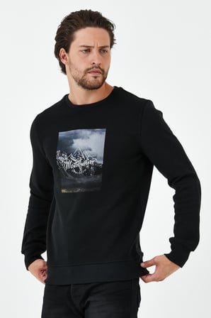 Erkek Kışlık Baskılı Bisiklet Yaka Lacivert Sweatshirt