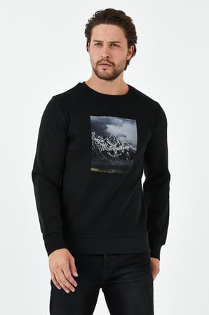 Erkek Kışlık Baskılı Bisiklet Yaka Lacivert Sweatshirt