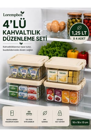 4’lü Kahvaltılık Düzenleme Seti 1,25 LT – Kilitli Kapaklı Şeffaf Buzdolabı Organizeri